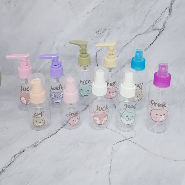 TRAVEL BOTOL KOSONG MINI KARAKTER LUCU PUMP DAN SPRAY 25 ML, 50 ML, 75 ML, 100 ML
