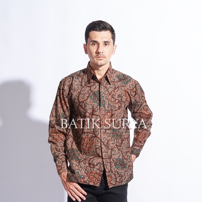 Kemeja Hem batik Pria Lengan Panjang Motif Jabol Hijau Batik Surya
