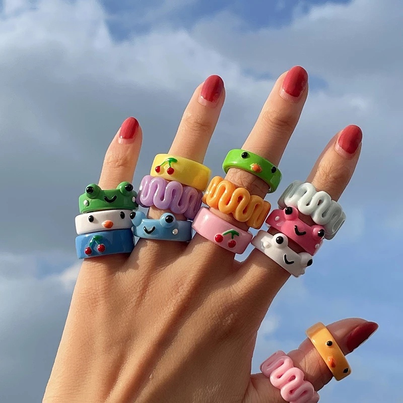 YEEZII Cincin Bentuk Katak Gurita Bahan Resin Warna Macaron Untuk Wanita