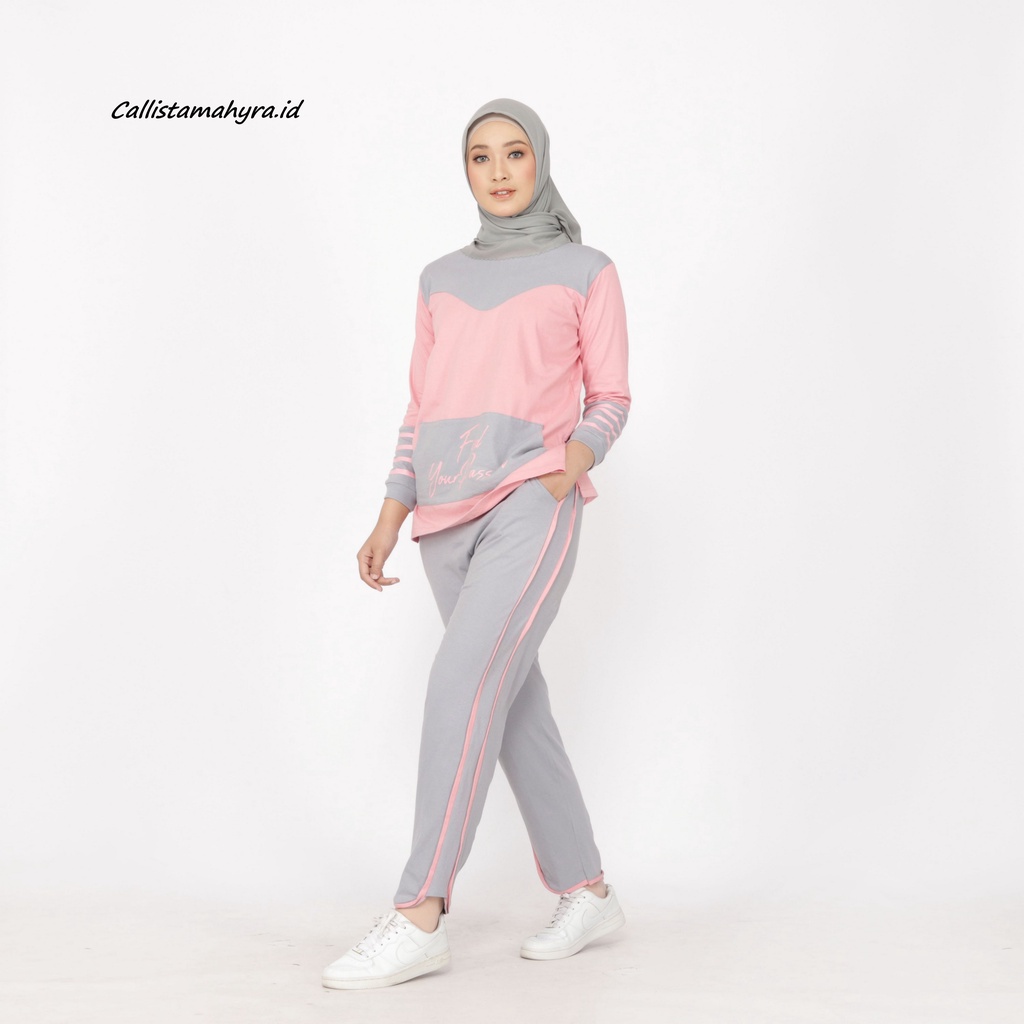 Setelan Olahraga Wanita - Baju Olahraga Wanita Muslim - Setelan Senam Sepeda Gowes Wanita PEACH-ABU-7