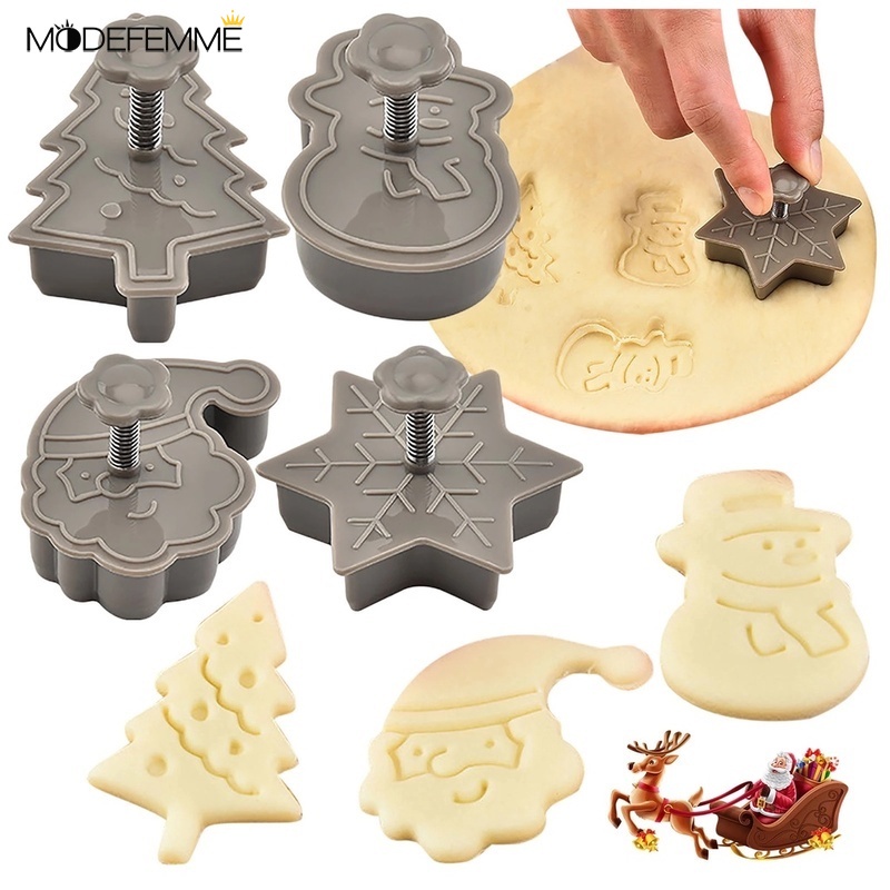 4pcs / Set Cetakan Kue / Biskuit Bentuk Pohon Natal / Santa Claus / Snowman 3d Bahan Plastik Handmade