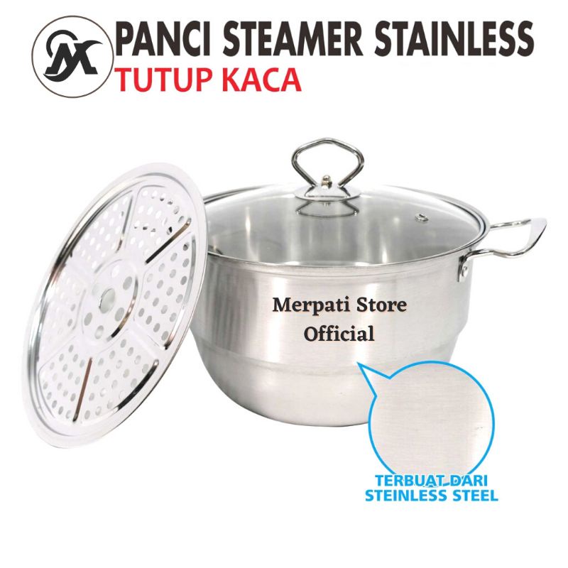 Merpati Store - Panci Kukus Panci Stainless 24cm / Kukusan Stainless Panci Kukusan Tutup Kaca Stainless Steel