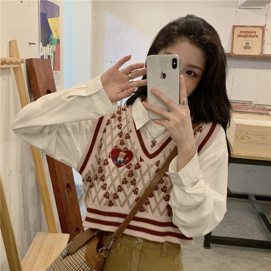 rompi rajut wanita Korea style baju rajut V neck crop top sweter kotak-kotak