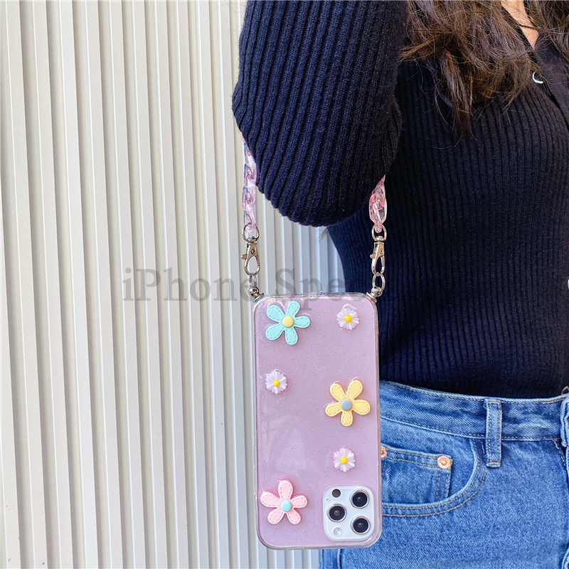 【Lanyard iphone case】 bracelet Suitable for iPhone12pro Max 11pro Max Xs Max XR 7/8 / SE 7+ 8+ 6 SPlus Bunga 3D mengkilap