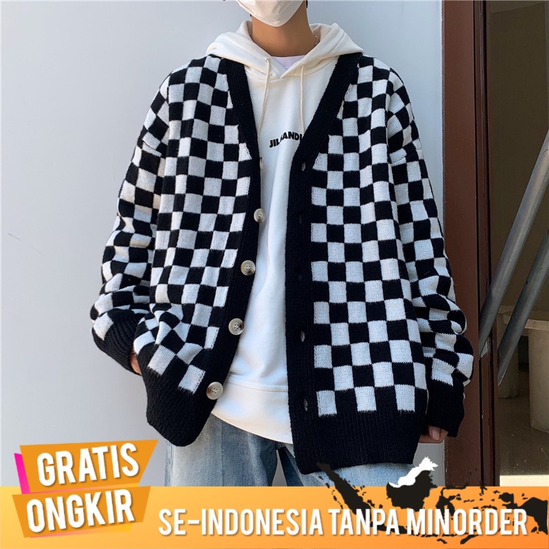 Outerwear Pria Rajut Pria     Korea Tren In   V-neck Sweater Priba Papan Catur Kotak-kotak Cargan ja