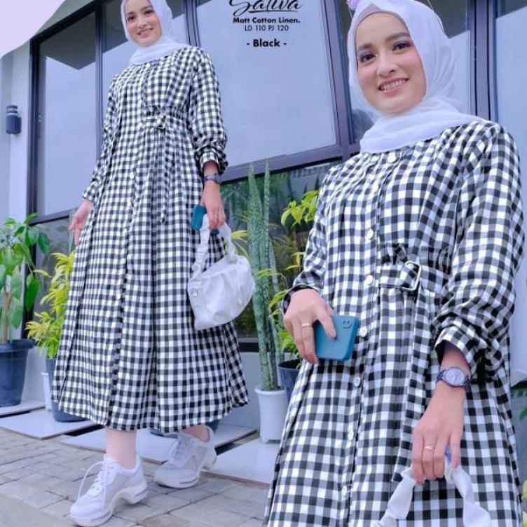 DRESS GANTUNG WANITA REMAJA KEKINIAN MIDI DRES MOTIF KOTAK PAKIAN WANITA KEKINIAN BAJU WANITA TERBAR