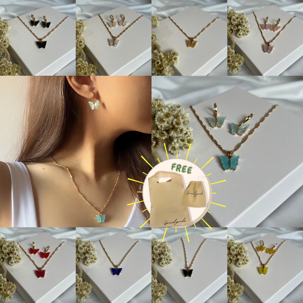 Marble Butterfly Set Necklace Earrings / Set Perhiasan / Aksesoris Wanita / Kalung Kupu / Kalung Wanita Korea / Kalung Aesthetic / Aksesoris Anting Wanita Anting Korea Murah / Fashion Earrings / Anting Kupu