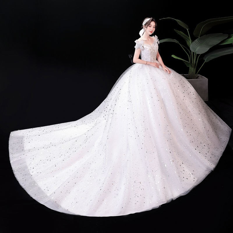 156 White Bling Bling Off Shoulder Long Tail Women Party Wedding Gown Dress Bridal Wedding Dress