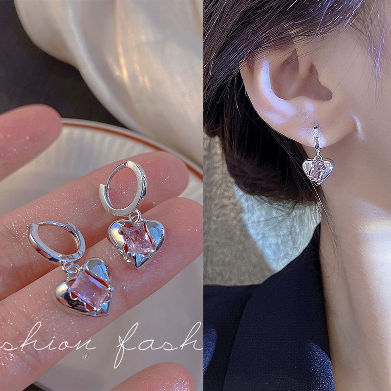 Anting Hoop Kristal Bentuk Hati Warna Pink Untuk Wanita