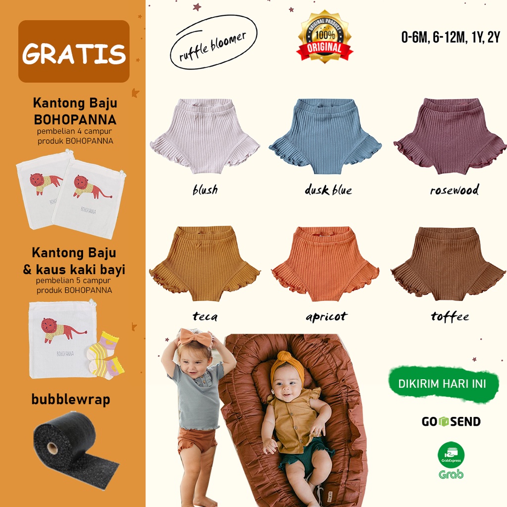 Bohopanna Bloomers Ruffle Reeb Celana Pendek Anak Bloomer Boho 0 - 2 Years Bohobaby Celana Bayi