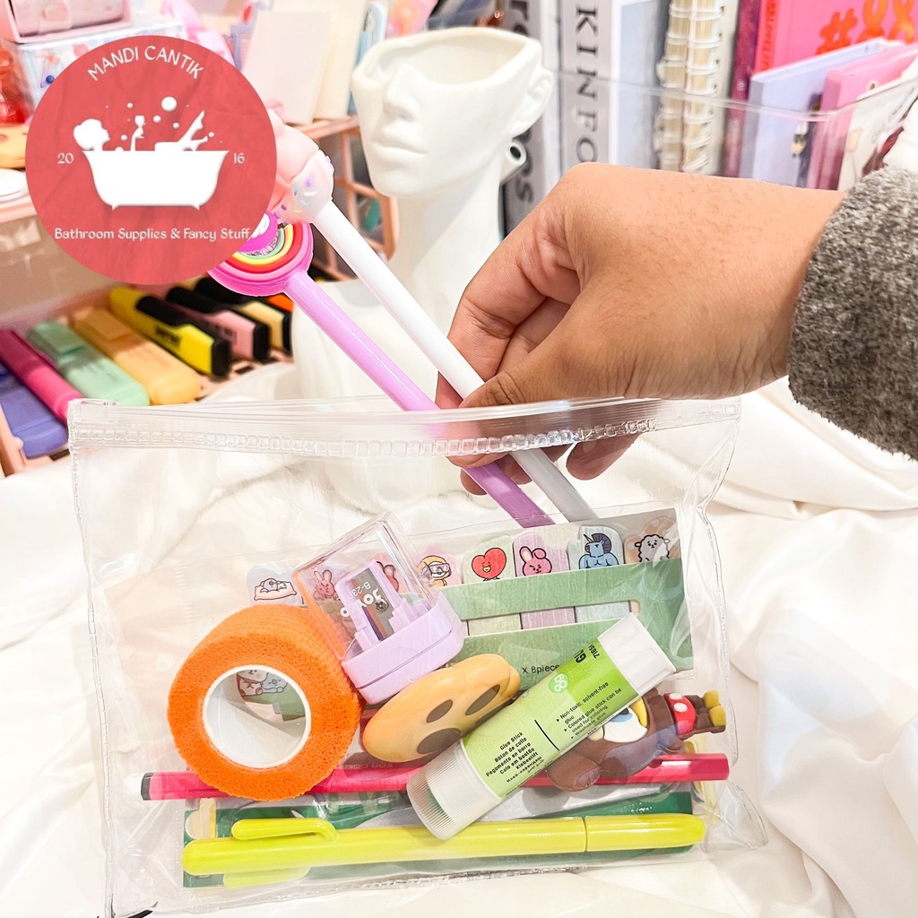 

Pouch Set alat tulis sticker pensil gantungan kunci pulpen pena pensil penggaris sekolah sticky