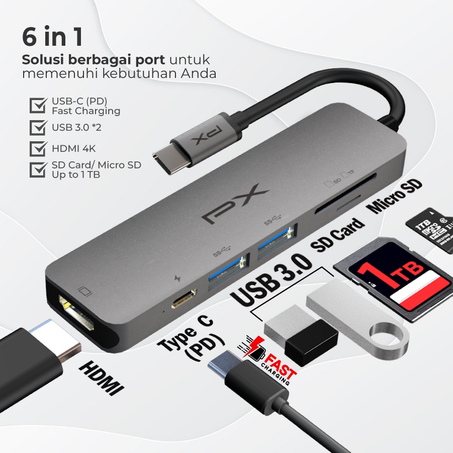 Type C 3.1 to HDMI Hub Converter USB 3.0 Micro SD 6 in 1 PX UCH160D