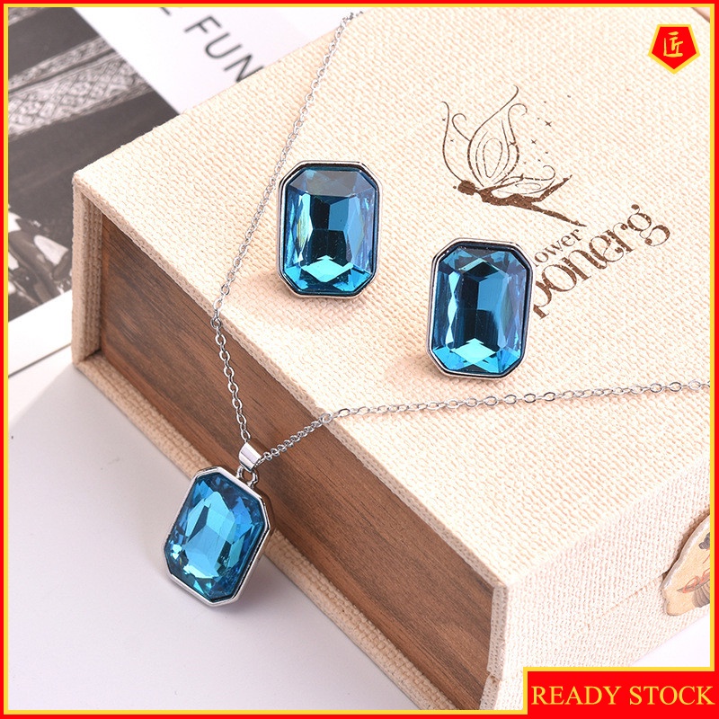 [Ready Stock]New Inlaid Topaz Sea Blue Gem Stud Earrings Necklace Set