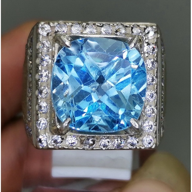Cincin Batu Akik Biru Topaz Swiss Asli Ring Perak
