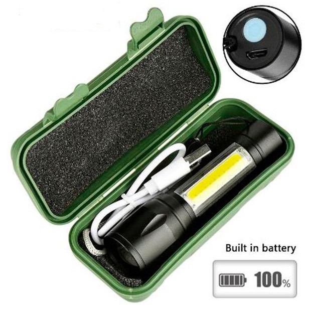 Senter LED Q5 COB 2300 Lumens Body Besi USB Rechargeable Bonus Kotak