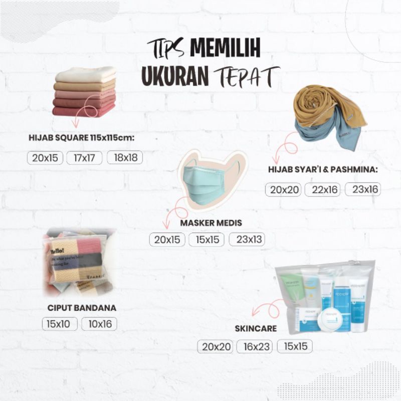 Zipper Custom Pouch Mika Hijab Square Size 20×15 Bahan Pvc Dof 0,15 Micron Kualitas Premium Anti Air