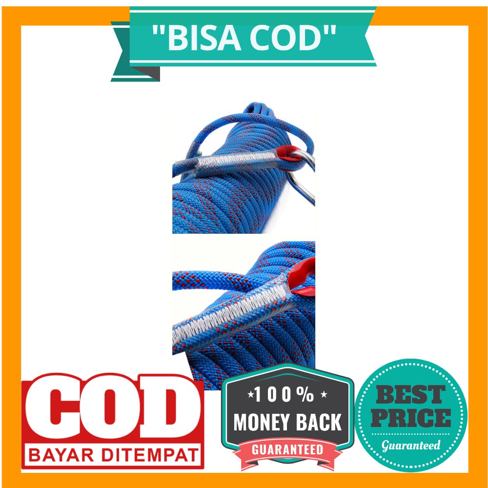 BISA COD Tali Paracord Panjang Tebing Climbing Rope 10mm 20 Meter with Steel Buckle - 24KN - Blue