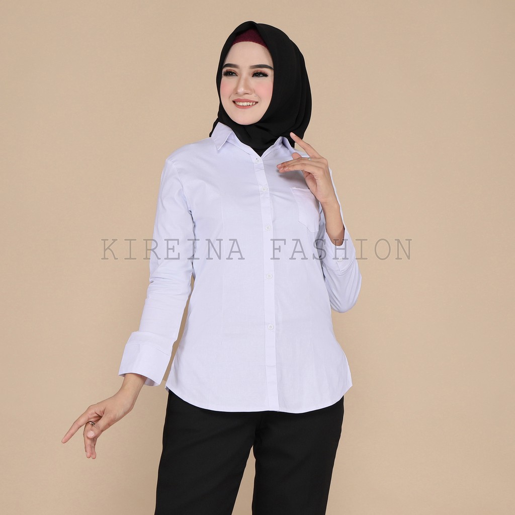 Kemeja Putih Kerja Wanita Kantong Satu Pola Kecil Bahan Stretch | Kireina Fashion