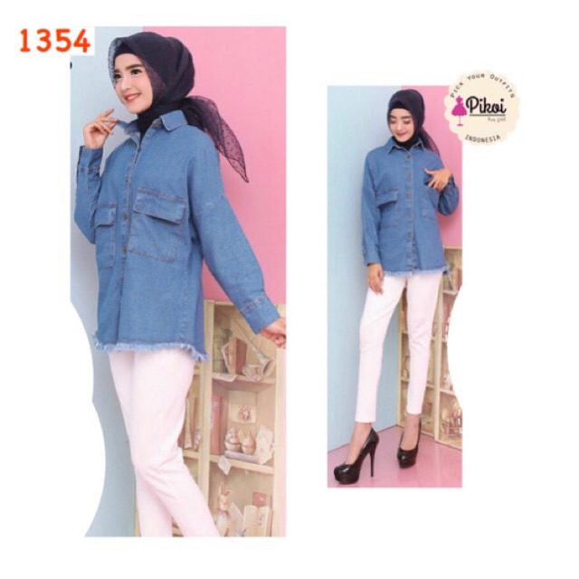 Kemeja jeans cewek / kemeja denim / kemeja levis / kemeja lengan panjang wanita / atasan hijab 1354