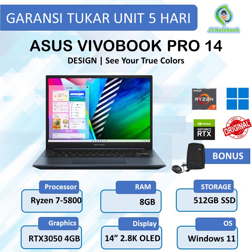 ASUS VIVOBOOK PRO 14 M3401QC OLED758 2.8K OLED RYZEN 7 5800 8GB 512SSD RTX3050 4GB W11+OHS 14.0 BLUE