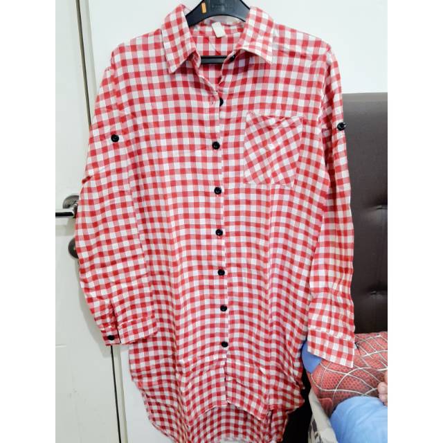 Tunik kotak 2 merah bahan flanel preloved