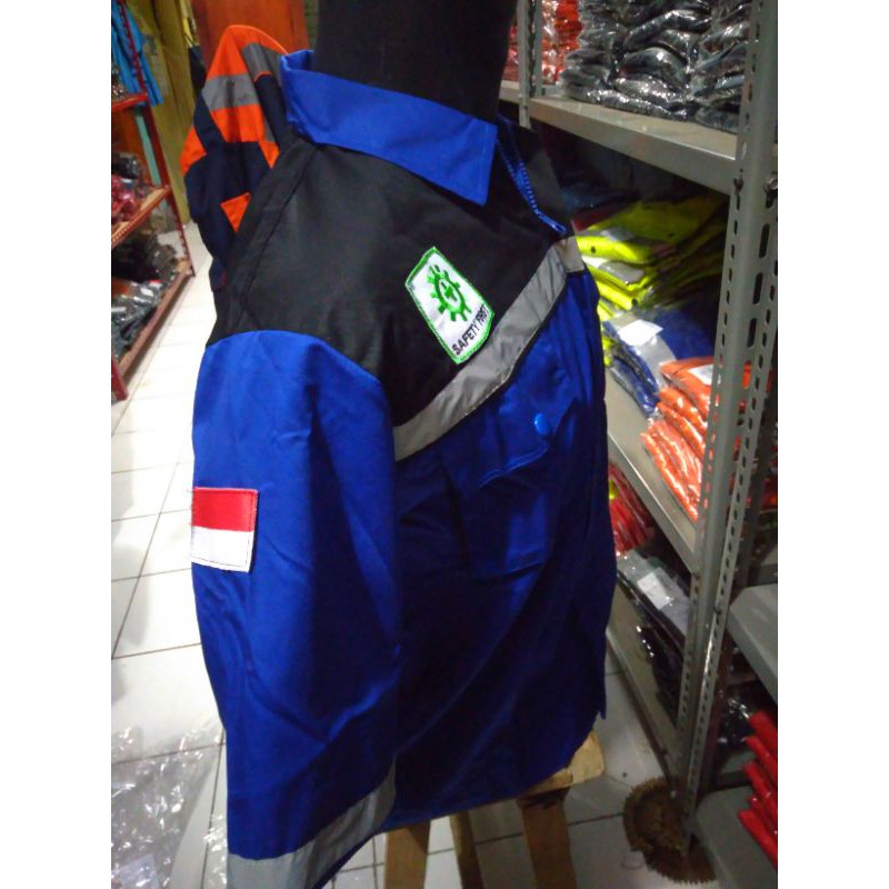 SERAGAM SAFETY LENGAN PENDEK BIRU HITAM FREE LOGO RESLETING PREMIUM