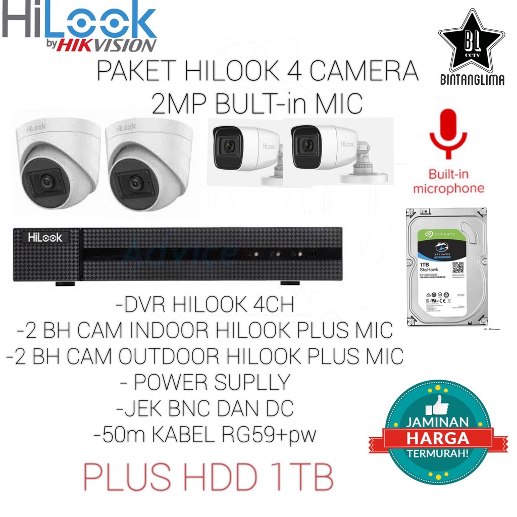 HILOOK PAKET 4 CAMERA 2MP BUILT-IN MIC ORIGINAL