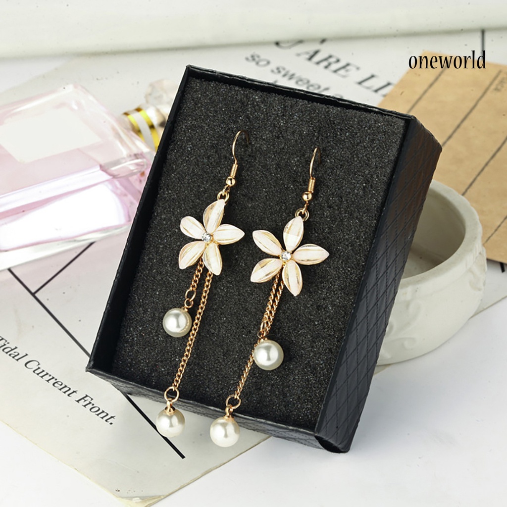 OW@ Earrings Flower Fake Pearl Pendant Elegant Alloy Long Chain Dangle Hook Earrings for Girl