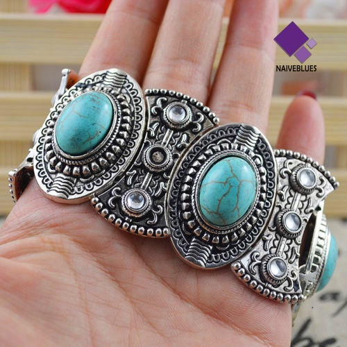 Naiveblue &gt; Gelang Tangan Gaya Retro Tibet Aksen Batu Turquoise Oval Untuk Perhiasan Wanita