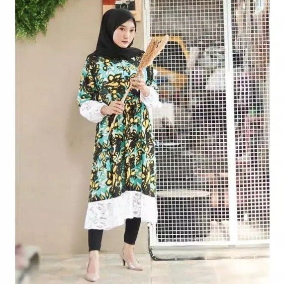 SHUVA LONG TUNIK | TUNIK  RAYON VISCOSE MOTIF KOMBI BROKAT PREMIUM | LONG TUNIK MUSLIMAH