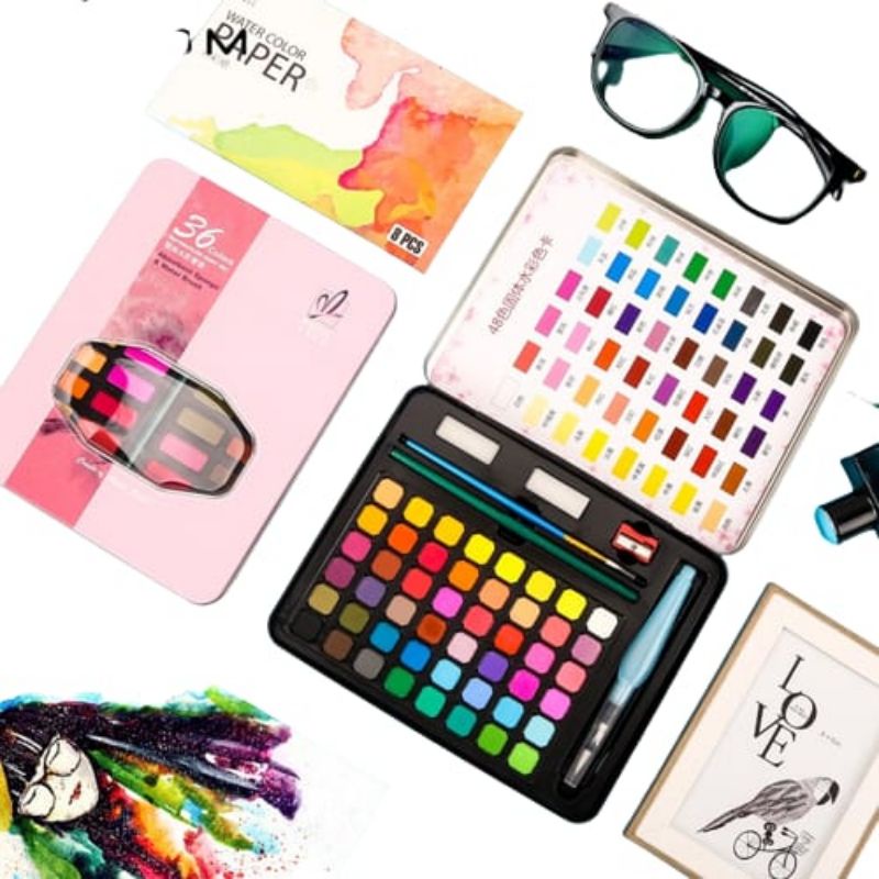 

MN - Set alat lukis padat watercolour / Water color paint dengan kuas otomatis warna terang 36 warna / 48 warna