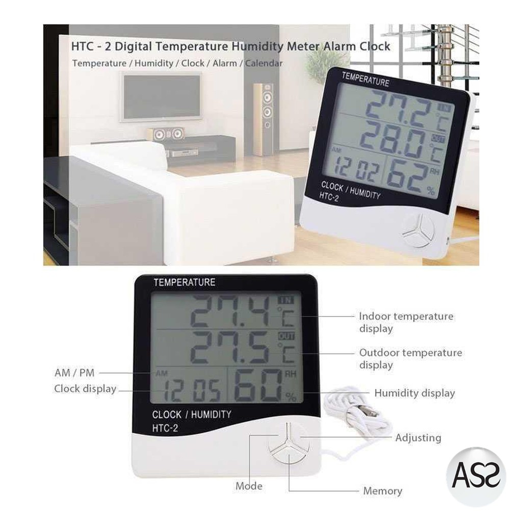 ASS Shop - Taffware Digital Temperature Humidity Meter Clock Alarm Calender HTC-2