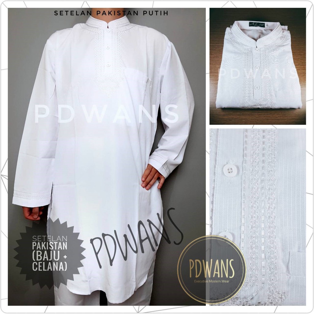 SETELAN PAKISTAN DEWASA PUTIH Baju Koko Bordir Muslim Pria BAJU UMROH