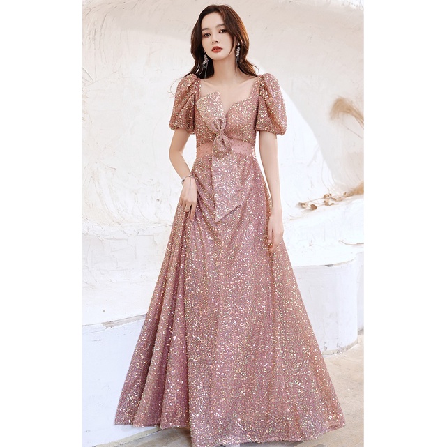 T2111020 Gaun Pesta Rose Gold Lengan Siku Party Dress Gown
