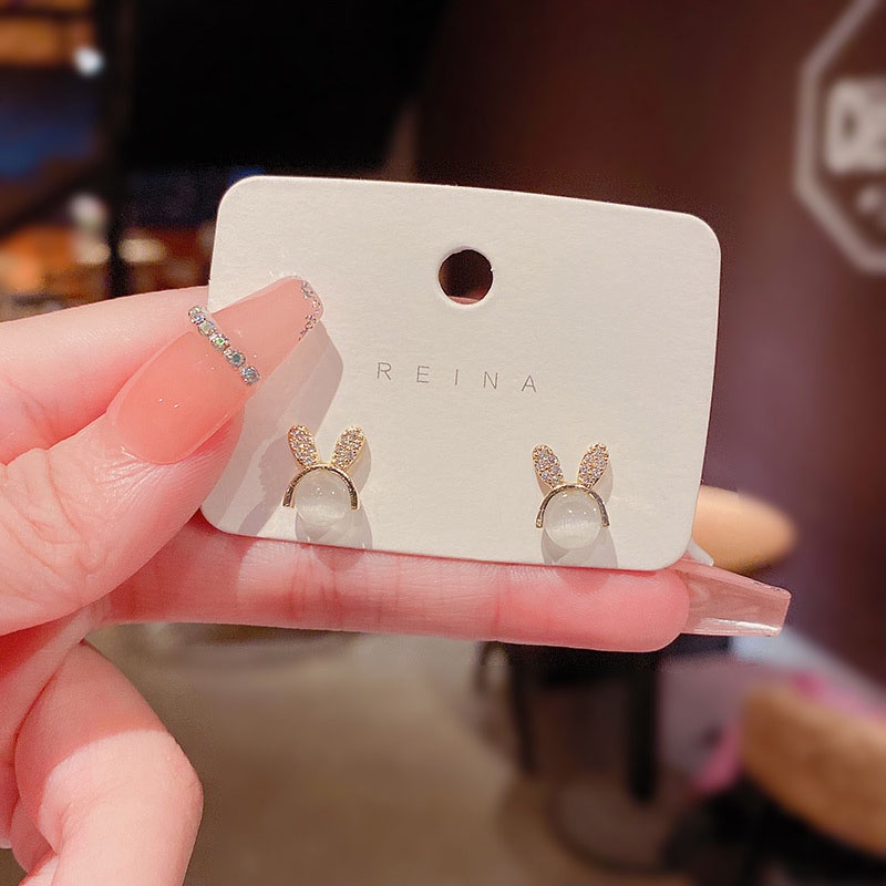 Anting Stud Desain Kelinci Opal Bahan S925 Silver Needle