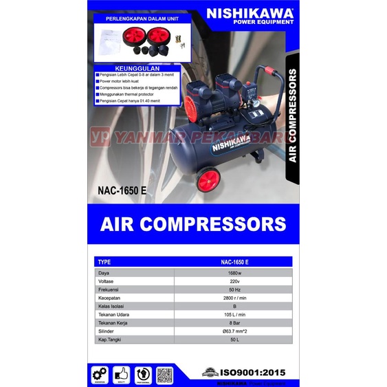 Nishikawa Oil Less AIR COMPRESSOR - KOMPRESOR ANGIN Tanpa Oli NAC-1650 E 2 HP 50 Liter
