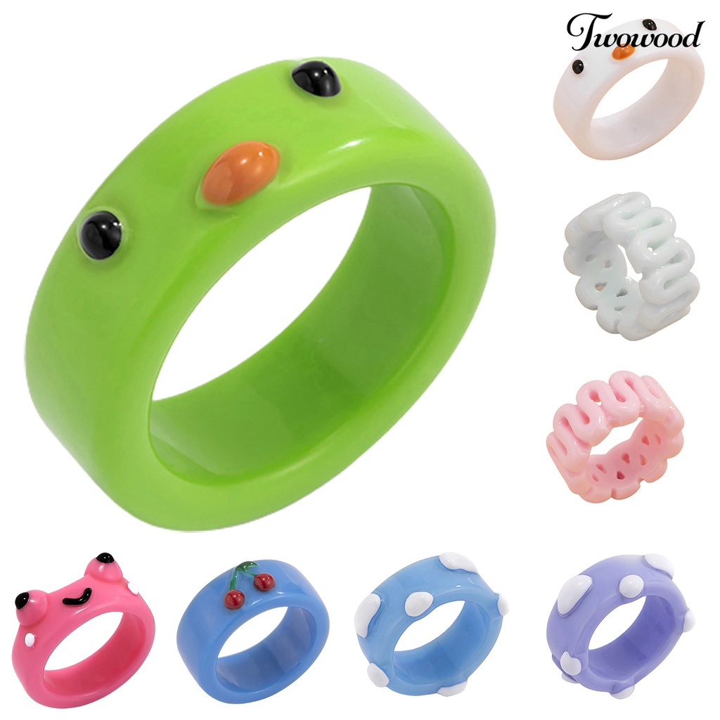 Twowood Frog Shape Colorful Women Ring Resin Animal Pattern Finger Ring Jewelry Accessory