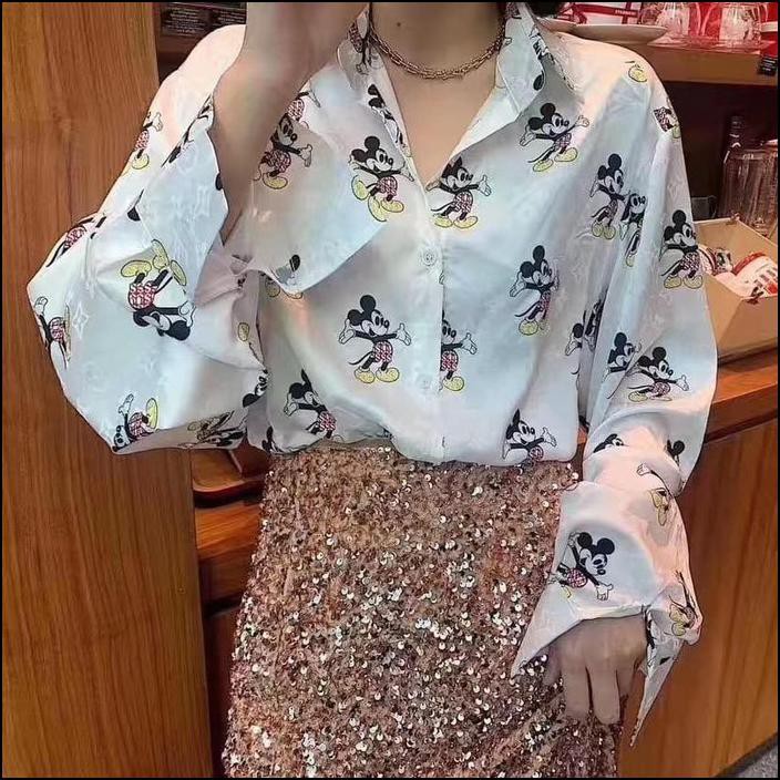 BAJU ATASAN WANITA KEMEJA IMPORT PREMIUM LV MICKEY PUTIH