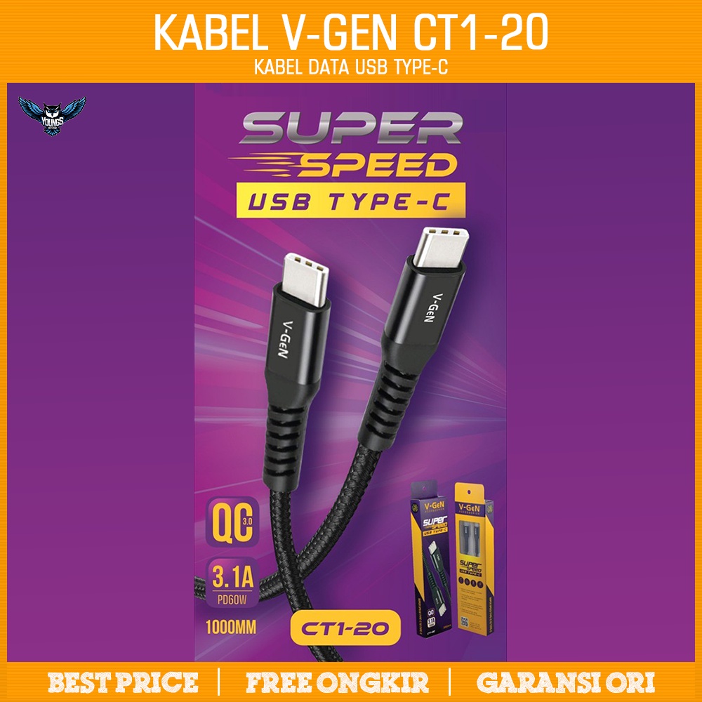 Kabel Data USB V-GeN CT1-20 Fast Charging Type C to Type C 3.1A PD 60W