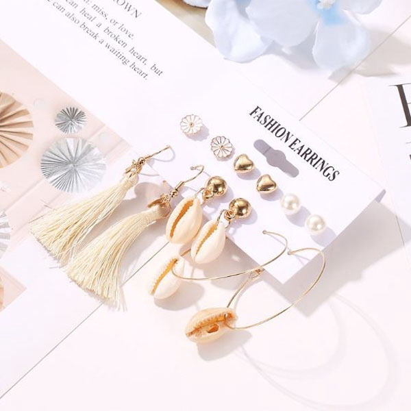 OILA anting set 6 pasang natural shell tassel daisy love earrings (3E3) jan197