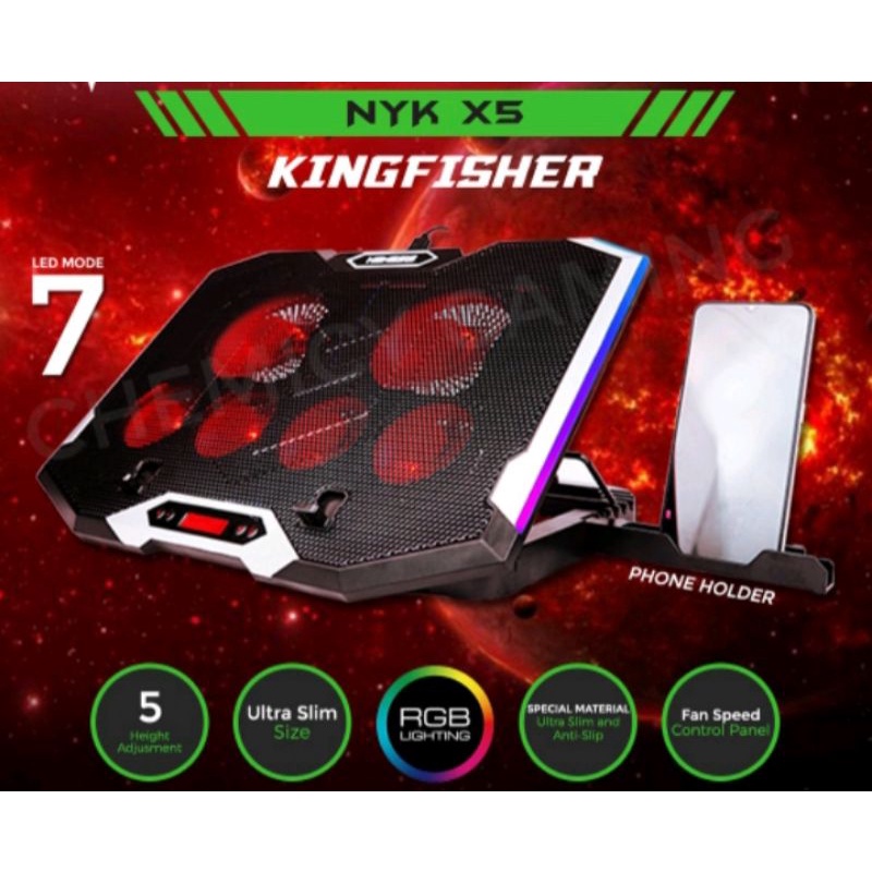 cooling pad laptop Nyk X-5  Kingfisher 6 fan RGB+holder Hp nyk original