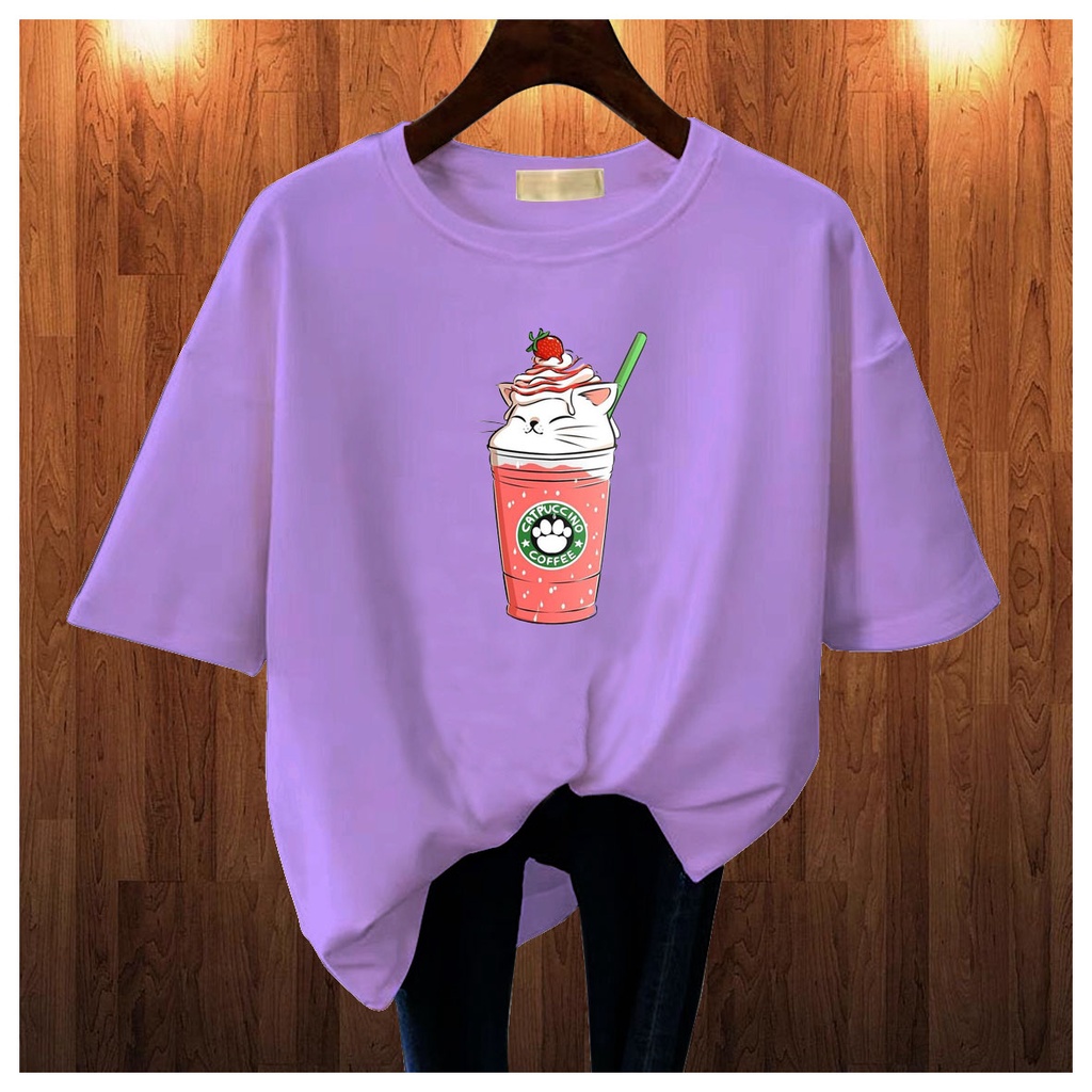 CALVIERO SHOP - BAJU KAOS ATASAN WANITA PRINT COFFEE CAT GALAXY PRINT