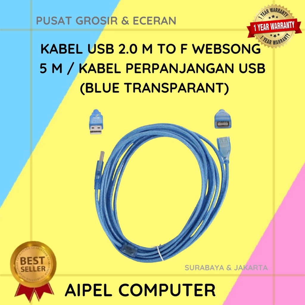 AFW5 | KABEL USB 2.0 MALE TO FEMALE WEBSONG 5 M / KABEL PERPANJANGAN USB (BLUE TRANSPARANT)