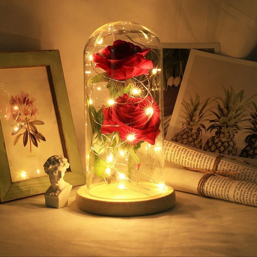 LANGSUNG KIRIM - BUNGA VALENTINE Flower Dome Lampu Kaca Ulang Tahun Kado Pacar Hadiah Unik Perempuan Graduation Buket Anniversary Awet Flower Mawar Kayu Belle flower