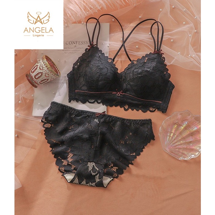 TERBARU ANGELA JAPAN Push Up Bra Set BH Celana Dalam CD Tanpa Kawat Wanita COD - Hitam, Celana Dalam