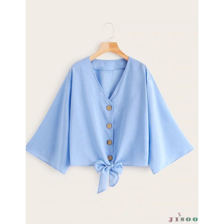 I Iwomen S Casual Button V Neck Blouses Long Bell Sleeve Bow Tie Top S M L Xl Shopee Indonesia