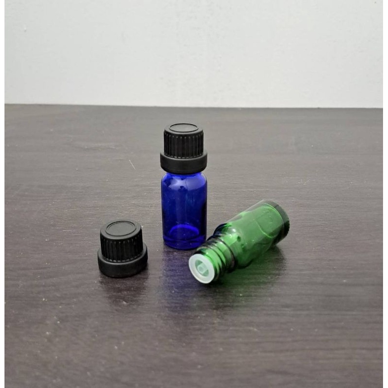 botol kaca 10ml hijau biru tutup filler hitam / botol essential oil 10ml