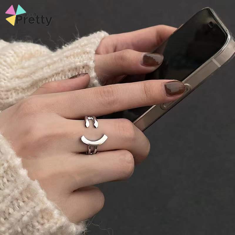 Cincin Model Terbuka Adjustable Desain Smiling Face Warna Silver Untuk Wanita - PD