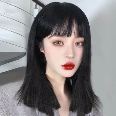 Wig Full Wanita Rambut Palsu Short Straight Wig Cewek Berponi Panjang Medium Korean Version / Wig Full Wanita