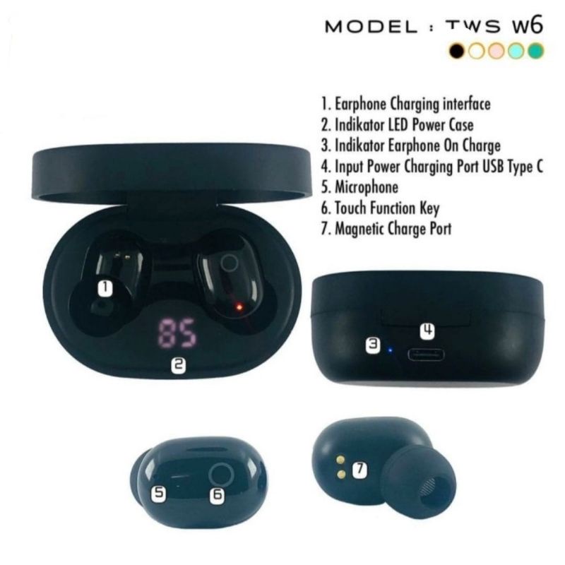 Headset Bluetooth TWS W6 LED Airdots Macaron Earbuds True Wireles